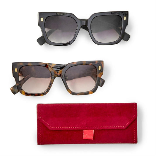 Luxe Lens 100% UV Protection Sunglasses, black and tortoiseshell. Available sizes: small, medium, large.