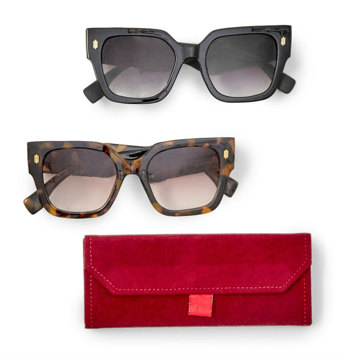 Luxe Lens 100% UV Protection Sunglasses, black and tortoiseshell. Available sizes: small, medium, large.