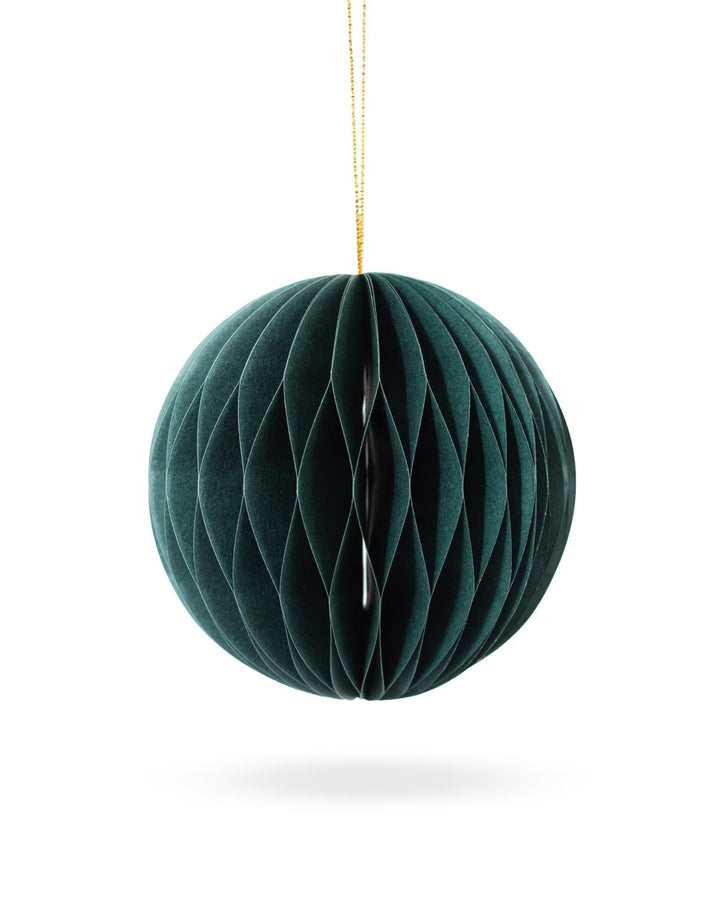 Dark green spherical 4” Anderson Paper honeycomb ornament.