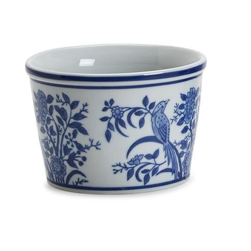 White ceramic cup with blue rim, hand-painted floral and bird motifs, straight sides. Available in 3 patterns and sizes.
