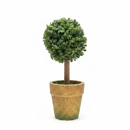 Faux Topiary In Pot with dense green ball-shaped leaves in a brown textured planter; available in multiple sizes.