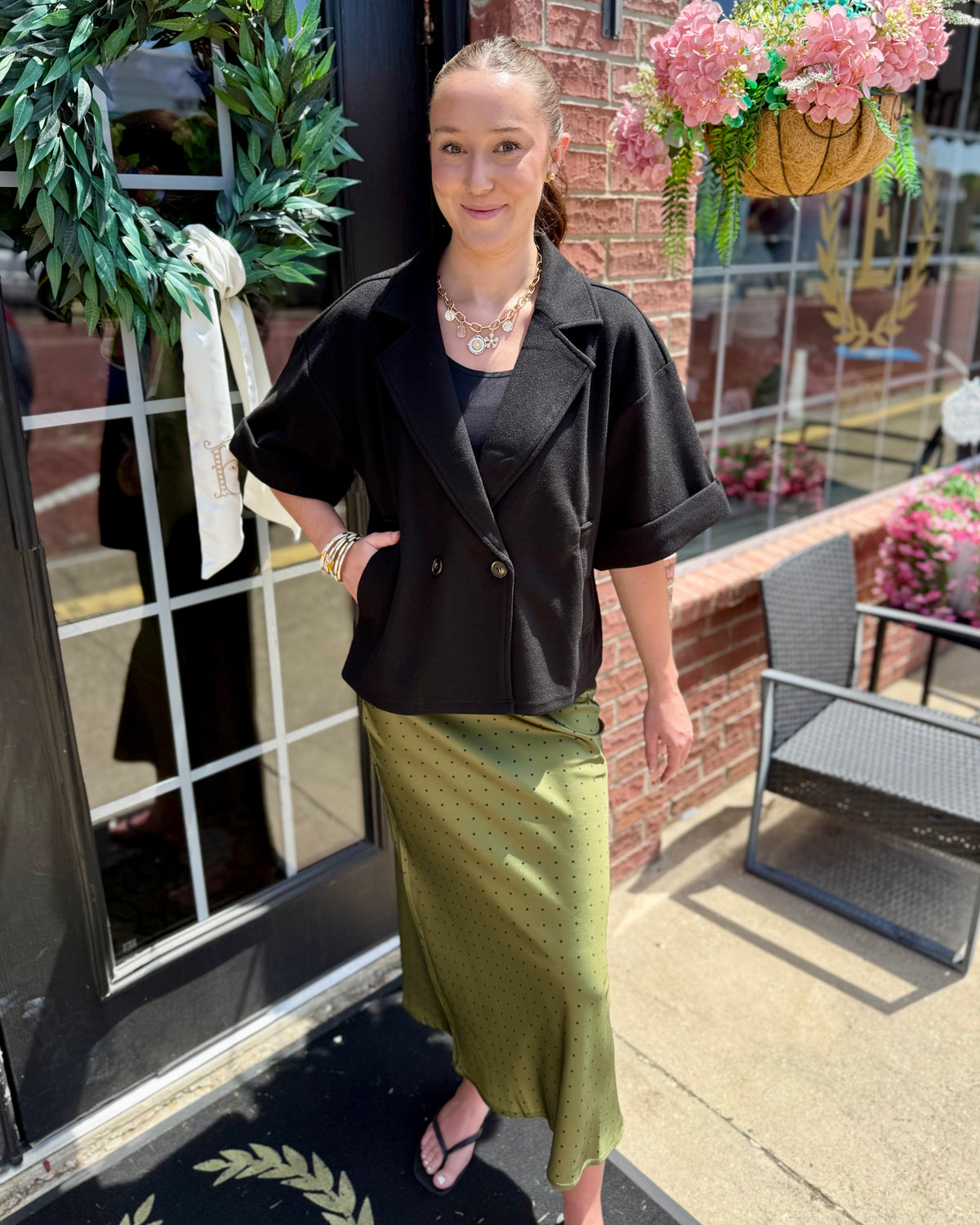 Polka Dot Satin Skirt, available in sizes XS–XL.