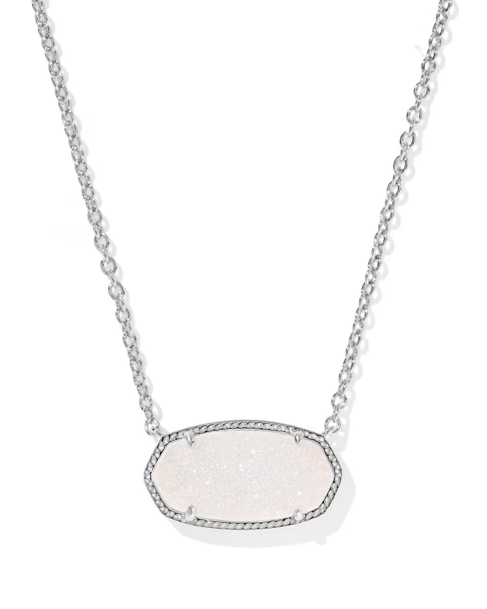 Elisa Silver Statement Pendant Necklace: silver chain, oval translucent white stone, hoofprint details, faceted; sizes vary.
