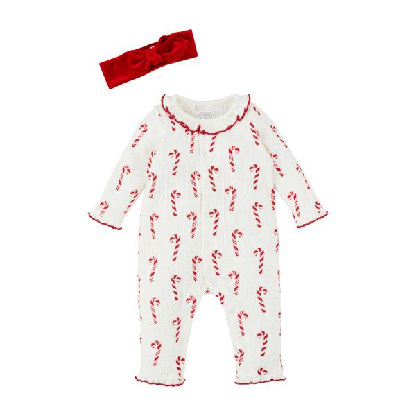 Candy Cane One Piece &amp; Headband, featuring a white long-sleeve bodysuit with red print and lettuce-edge trim, with a matching red bow headband. Sizes available.