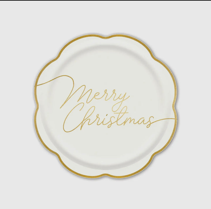 Tree-shaped holiday paper plates with scalloped edges, gold rims, and gold “Merry Christmas” script. Available in multiple sizes.