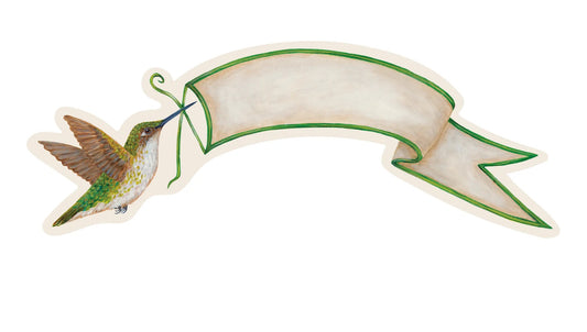 Vibrant hummingbird holds one end of a blank cream ribbon with green outline. Available sizes: small, medium, large.