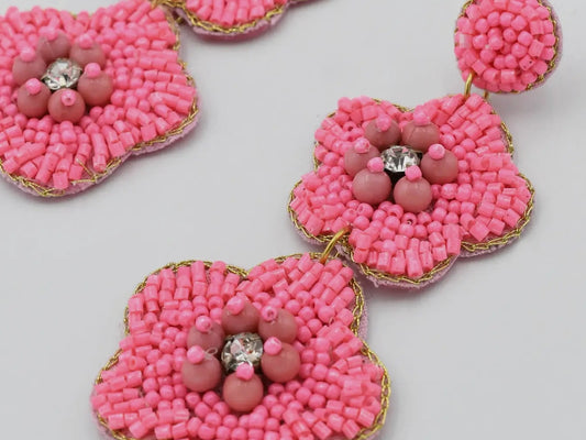 Blossom Bloom Drop Earrings: pink beaded, pearl and rhinestone cluster. Handmade. Available in sizes S, M, L.