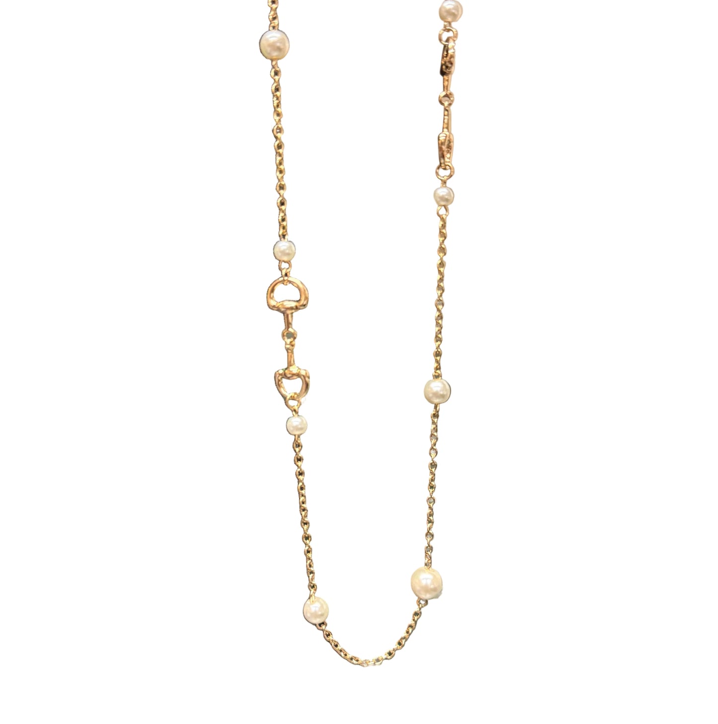 Candy Gold Pearl Necklace with small pearls, gold heart-shaped links, and horse-bit details along the chain. Available in 16" and 18" lengths.