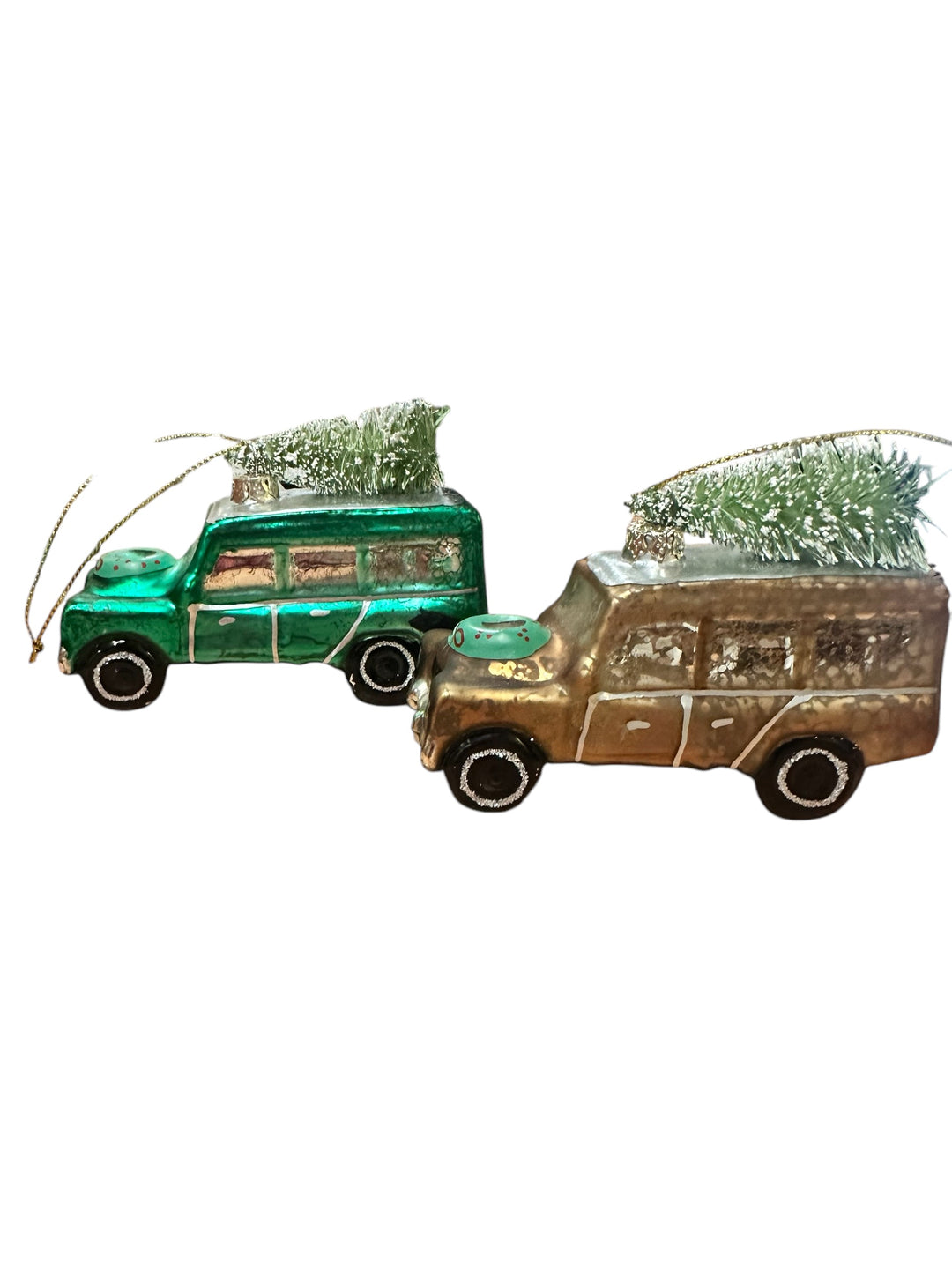 Two 3′H hand-painted glass vintage vehicle ornaments.