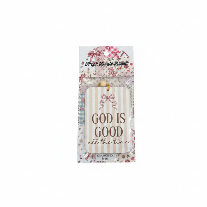 SIMPLY SOUTHERN FRESH ROADS AHEAD air freshener, pink ribbon and stripes, "God is good all the time," cinnamon scent. Sizes: S/M/L.