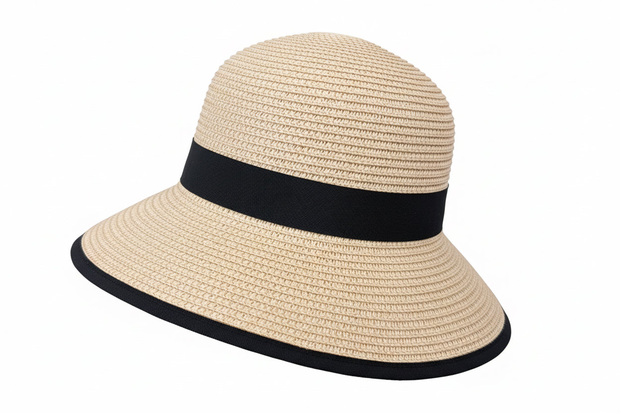 Beige woven outdoor hat with a wide brim and black band. Available in sizes S, M, and L.
