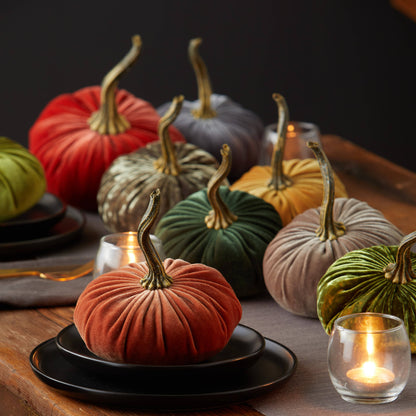 Velvet Pumpkin decorations in assorted colors; available in small, medium, and large sizes.