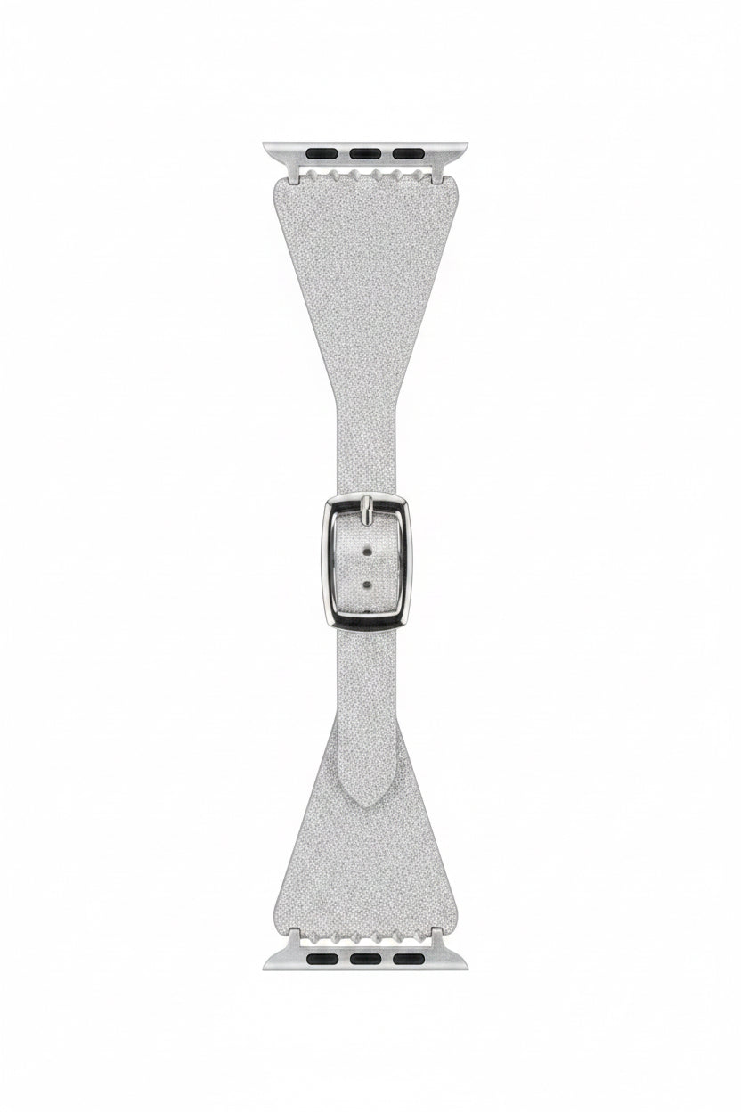 Adjustable light gray vegan leather smart watch band with silver buckle. Sizes available: small, medium, large.