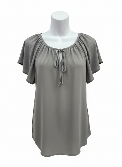 Grey Bow Woven Neck Line Top | P.S Love