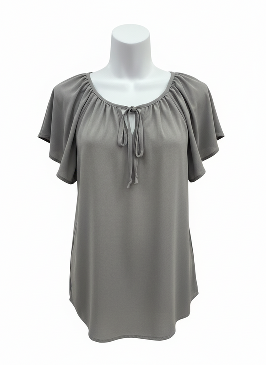 Grey Bow Woven Neck Line Top | P.S Love