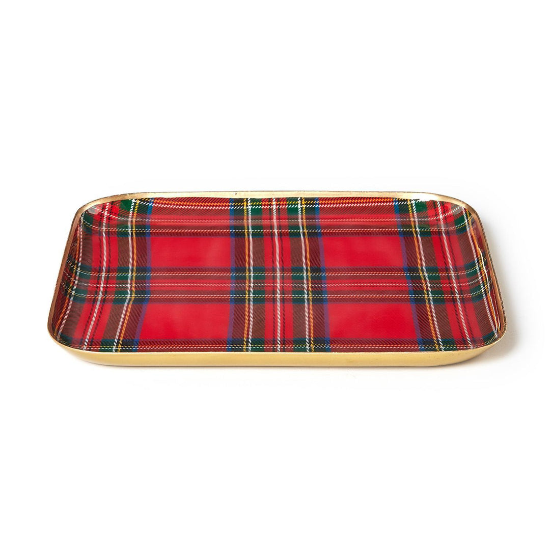 Rectangular tartan metal trays with a red, green, and white pattern and a metallic gold rim.