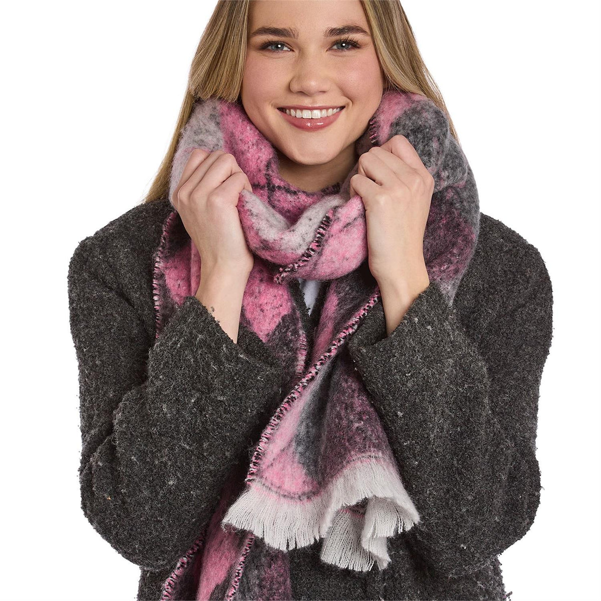 Classic Argyle Scarf in thick pink and gray plaid, available in sizes S, M, and L.