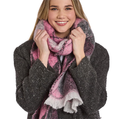 Classic Argyle Scarf in thick pink and gray plaid, available in sizes S, M, and L.