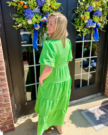 Bright green Kinsley Green Seersucker Dress. Available in sizes XS-XL.