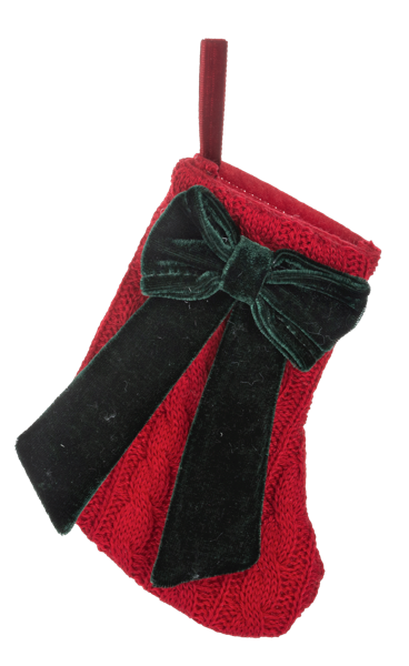 Red cable-knit mini Christmas stocking with a dark green velvet bow.
