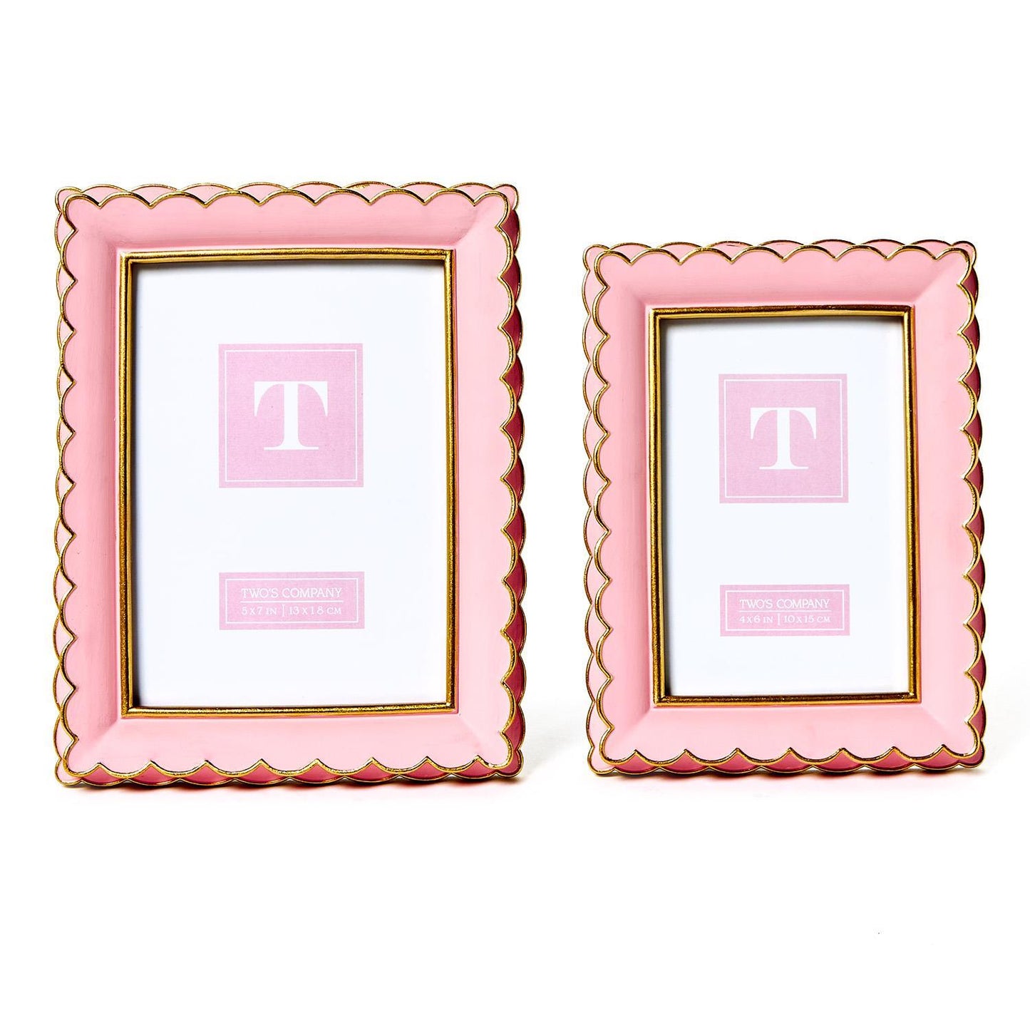 Set of two pink scalloped frames with gold edges, sizes large and small, each displaying a bold "T" on a pink background.