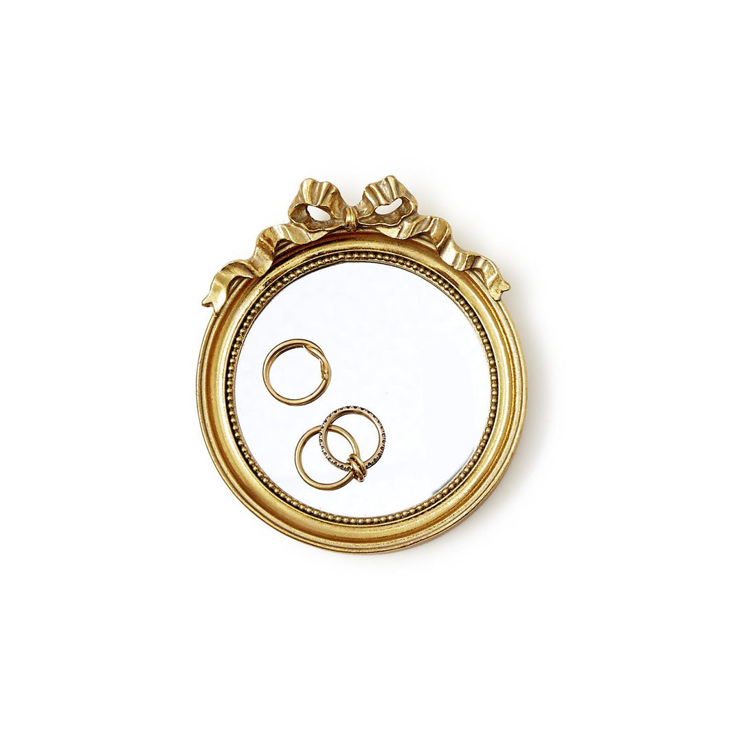 Vintage Round Mirror Gold Trinket Tray with accent bow, decorative gold frame. Available in 6", 8", and 10" sizes.