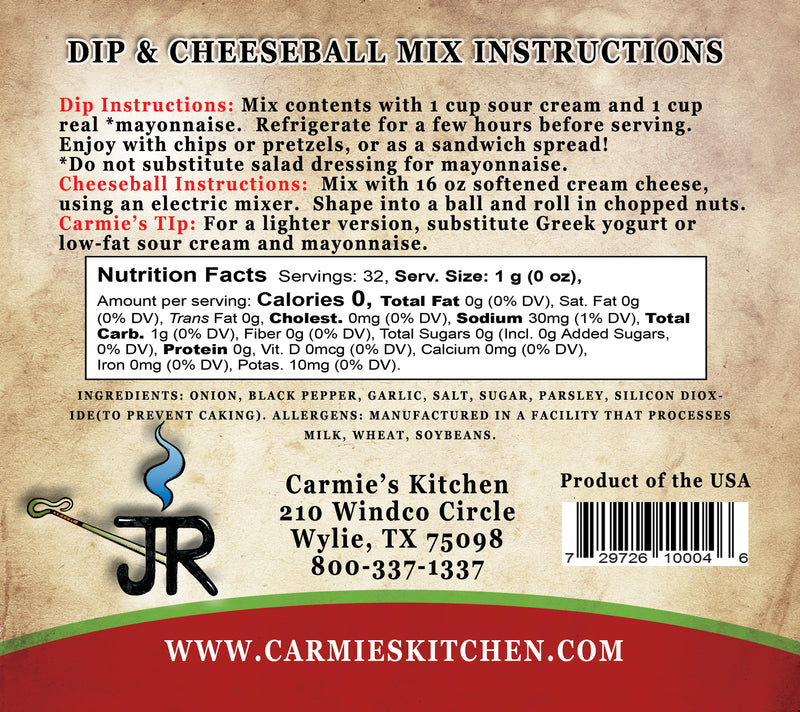 Back of JR’S Ranch Dip & Cheeseball Mix package with directions, nutrition info, contact details, barcode; 1.1 oz size shown.