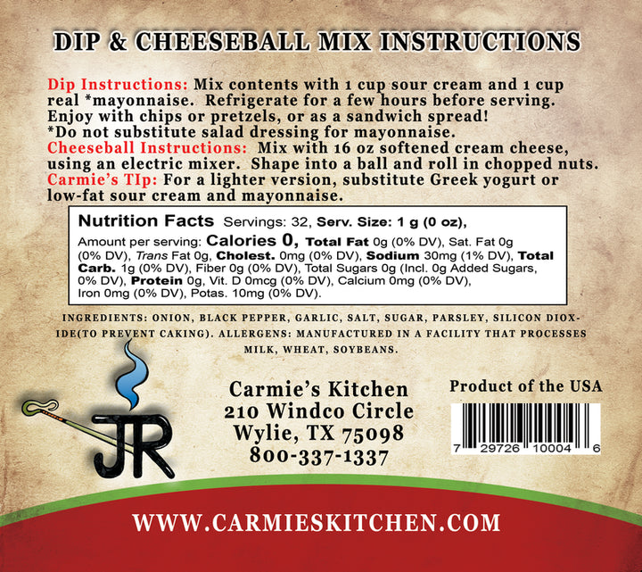 Back of JR’S Ranch Dip &amp; Cheeseball Mix package with directions, nutrition info, contact details, barcode; 1.1 oz size shown.