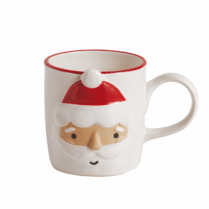White ceramic Holiday Stoneware Mug with embossed Santa Claus face and red rim.