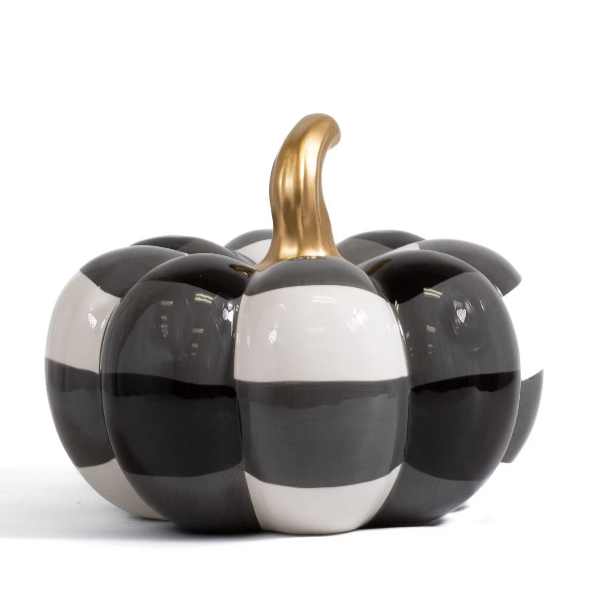 Ceramic pumpkin with black and white checkered pattern and shiny gold stem; available in multiple sizes.
