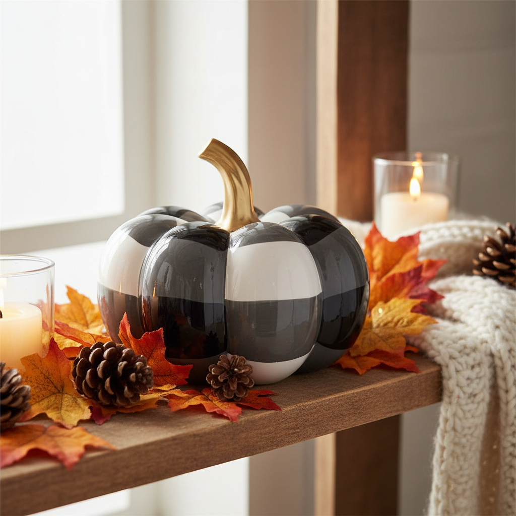 The White and Black Jodie Pumpkin Decor features a checkered ceramic design with a gold stem; available in multiple sizes.