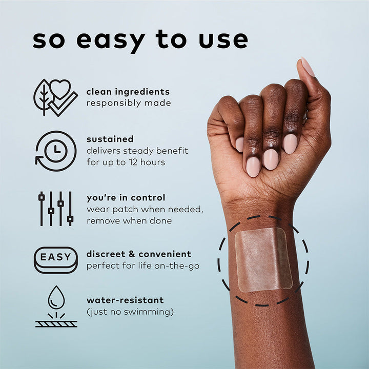 Transparent Dream Patch shown on wrist; highlights: clean ingredients, 12-hr benefit, control, discreetness, water resistance. Sizes available.