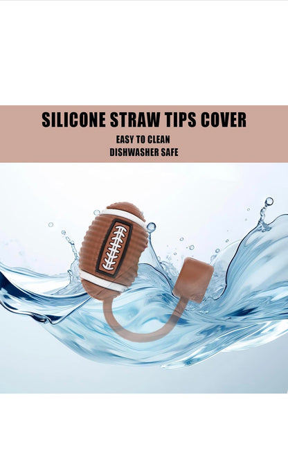 Brown silicone Football Straw Cover with textured grip and attached cap, suitable for 30 oz tumblers. Dishwasher safe and easy to clean.