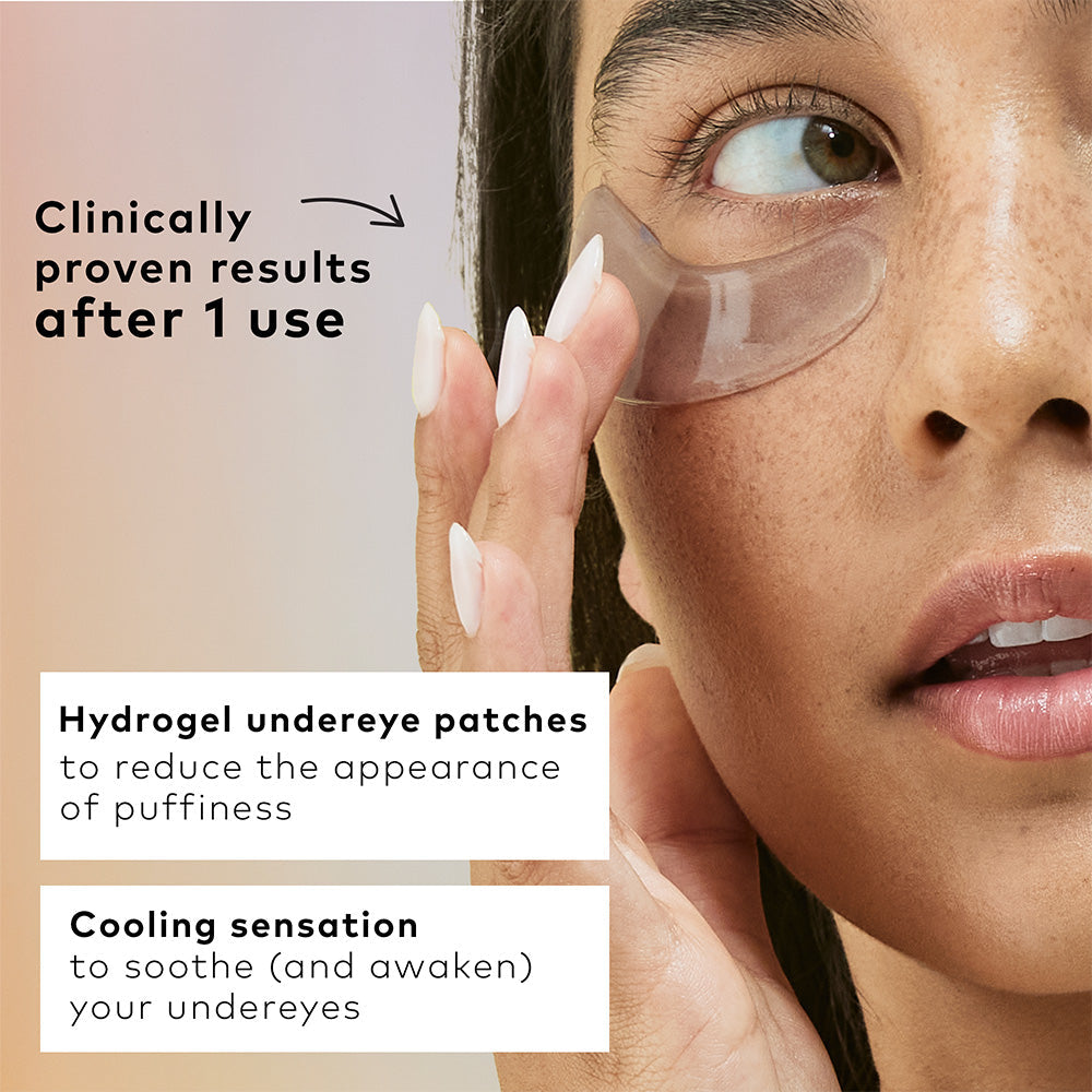 De-Puff Patch: cooling hydrogel under eye patch with caffeine. Clinically proven to reduce puffiness. Available in 10- or 30-pack.