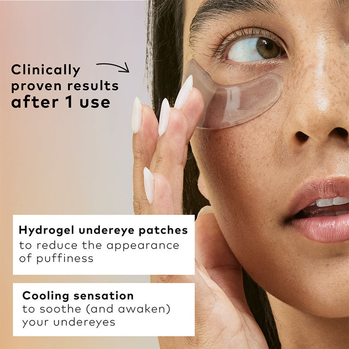 De-Puff Patch: cooling hydrogel under eye patch with caffeine. Clinically proven to reduce puffiness. Available in 10- or 30-pack.