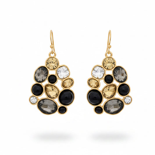 Talec Black Multi Stone Chandelier Earrings with gold drop settings and organically clustered round and oval gemstones in black, clear, smoky gray, and light yellow. Available sizes: one size.