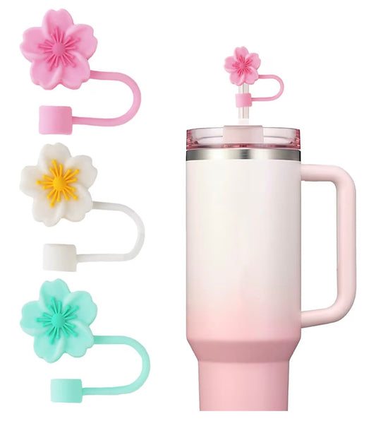 Tropical Flower Straw covers in pink, white, and teal fit 10mm straws; available in multiple colors.
