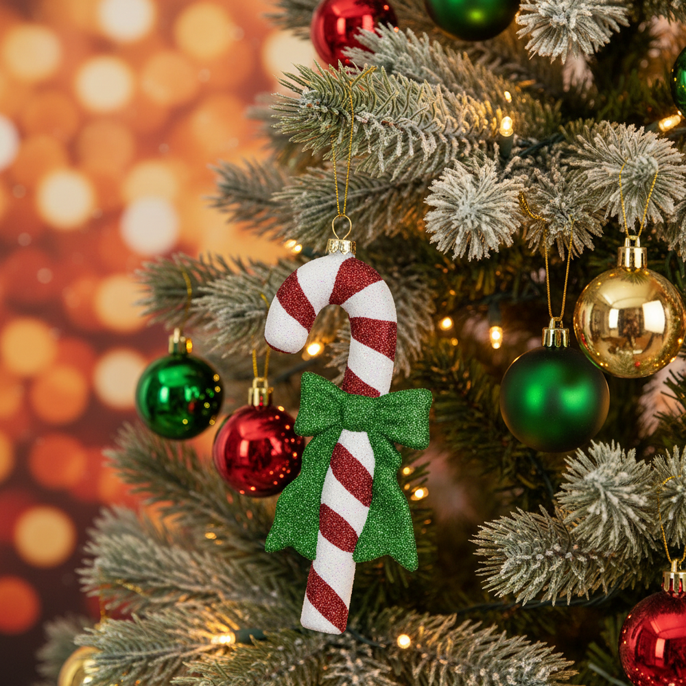 Candy Cane Bow Ornament with green glitter bow.