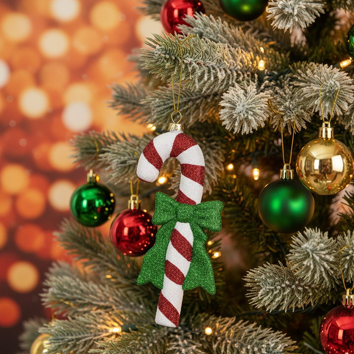 Candy Cane Bow Ornament with green glitter bow.