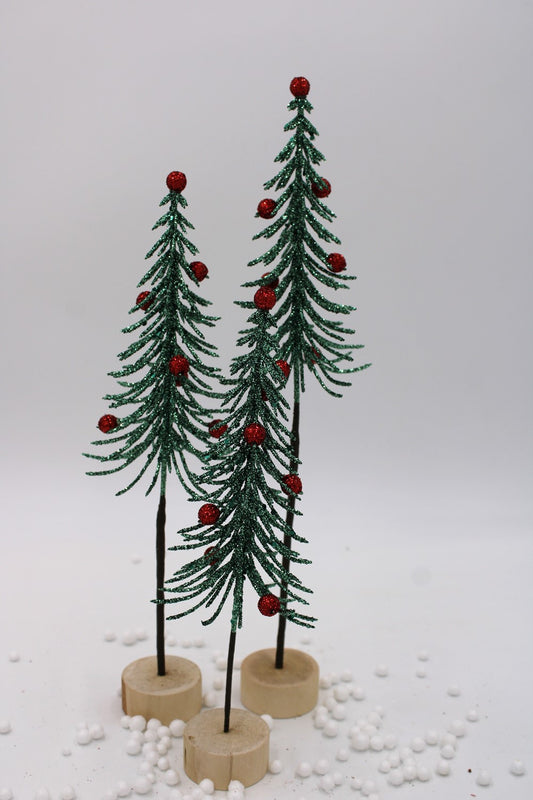 Green Glitter Trees with Red Glitter Berries