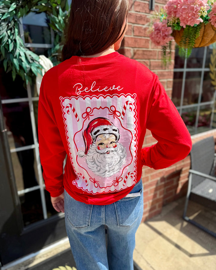 Jolly Santa Scalloped Long Sleeve featuring a festive Santa Claus design on the back; available in sizes S-XXL.