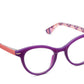 Peepers Daphne-Purple/Coral Check eyeglasses feature round purple and coral check frames, pink temples, and a striped pattern inside the temples. Available in size: Medium.