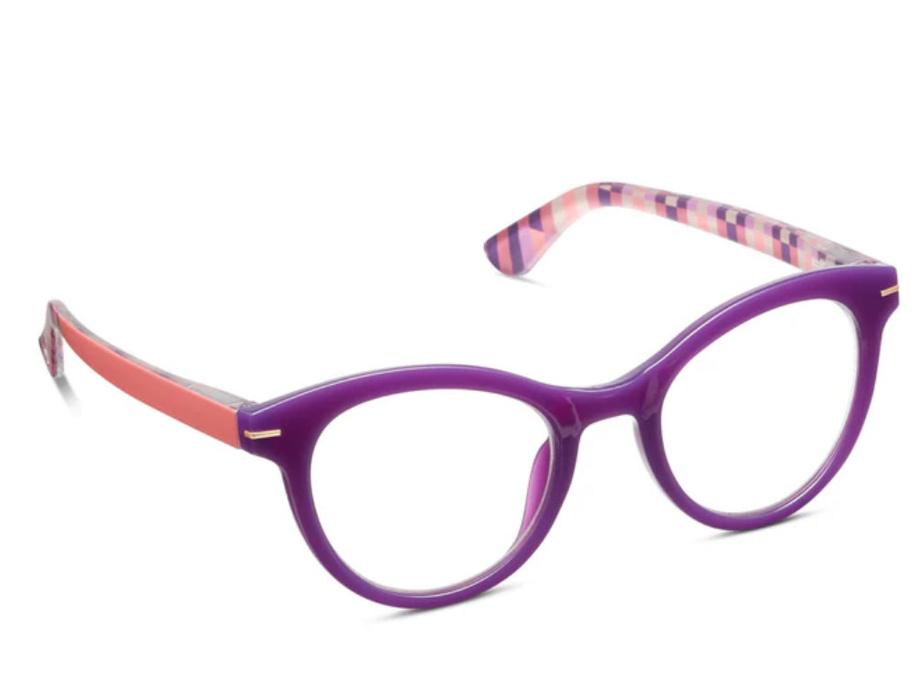 Peepers Daphne-Purple/Coral Check eyeglasses feature round purple and coral check frames, pink temples, and a striped pattern inside the temples. Available in size: Medium.