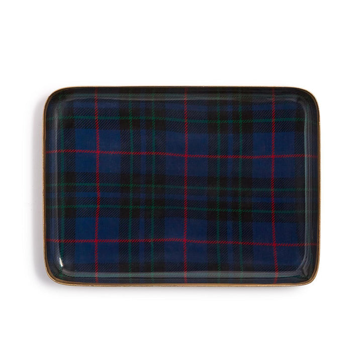 Rectangular metal Tartan Trays with a blue, green, and red plaid pattern and gold-toned rim.