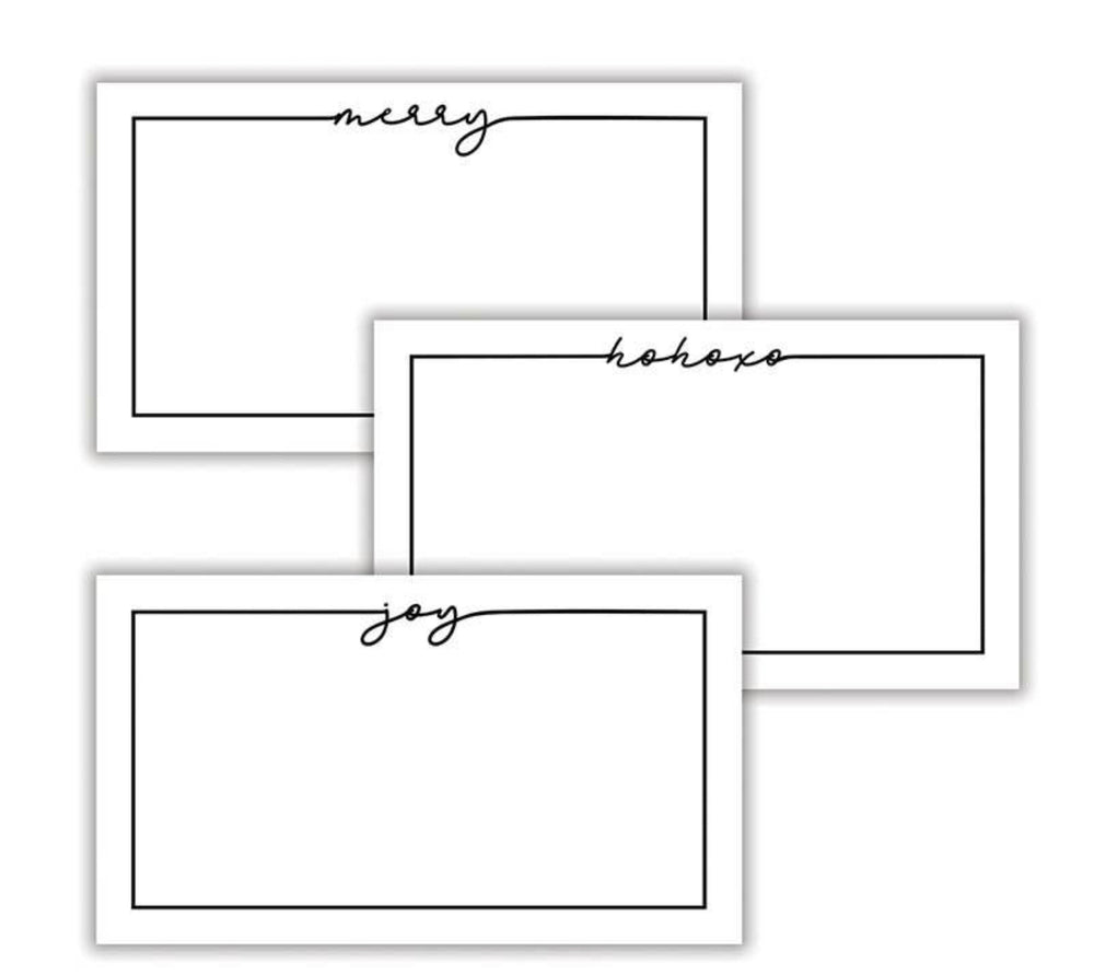 Three white rectangular holiday place cards with a black border and script text merry, hohoho, or joy.