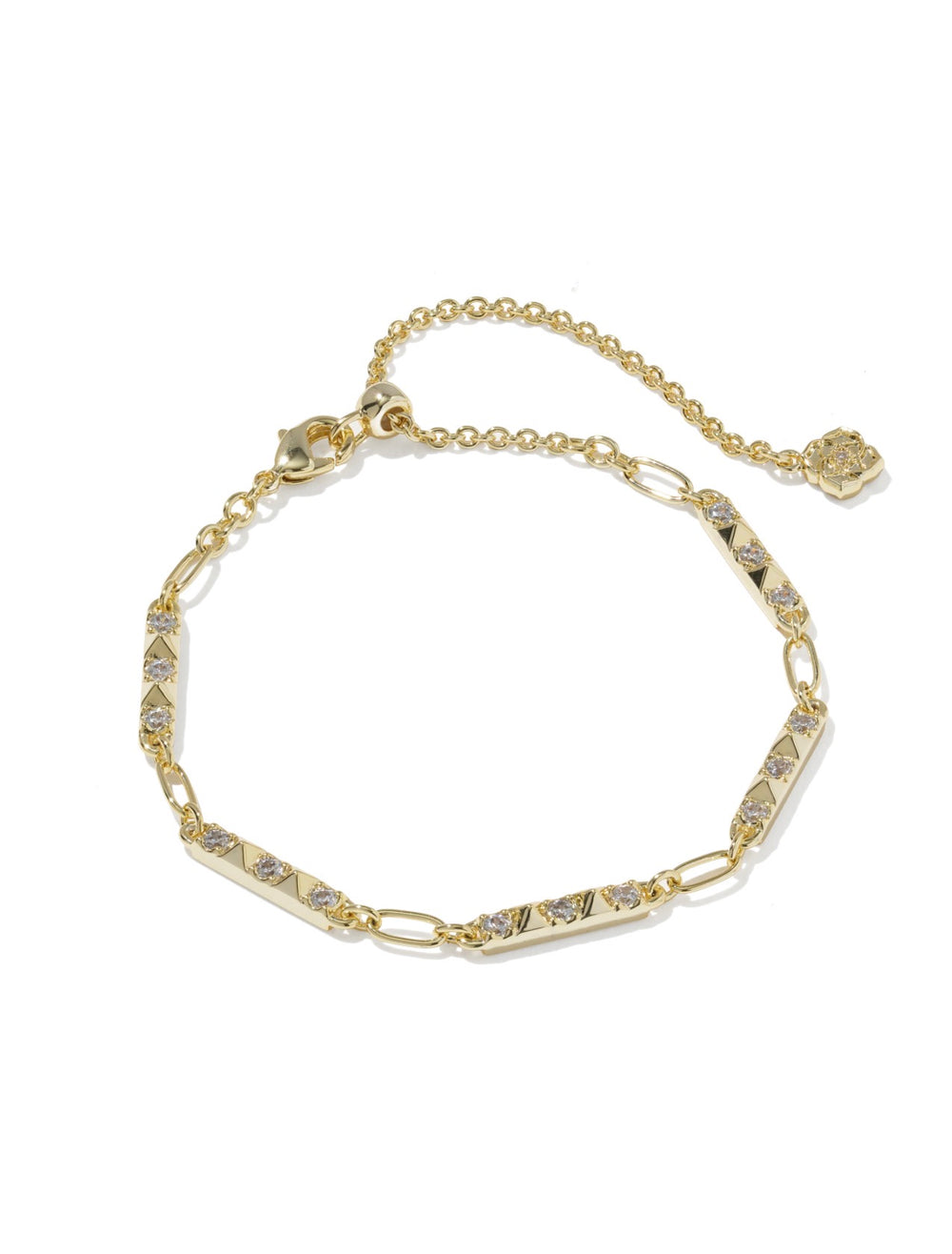 Set of 2 white CZ bracelets with rectangular, diamond-studded links and a delicate chain, adjustable clasp, and small charm at the end. Available in multiple sizes.
