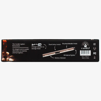 Electric Candle Lighter in a sleek black box with icons showing features: dual safety switch, brushed metallic finish, windproof igniter, and battery indicator. USB rechargeable and eco-friendly. Available in standard 7-inch size.