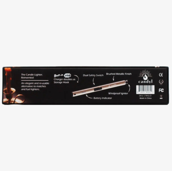 Electric Candle Lighter in a sleek black box with icons showing features: dual safety switch, brushed metallic finish, windproof igniter, and battery indicator. USB rechargeable and eco-friendly. Available in standard 7-inch size.