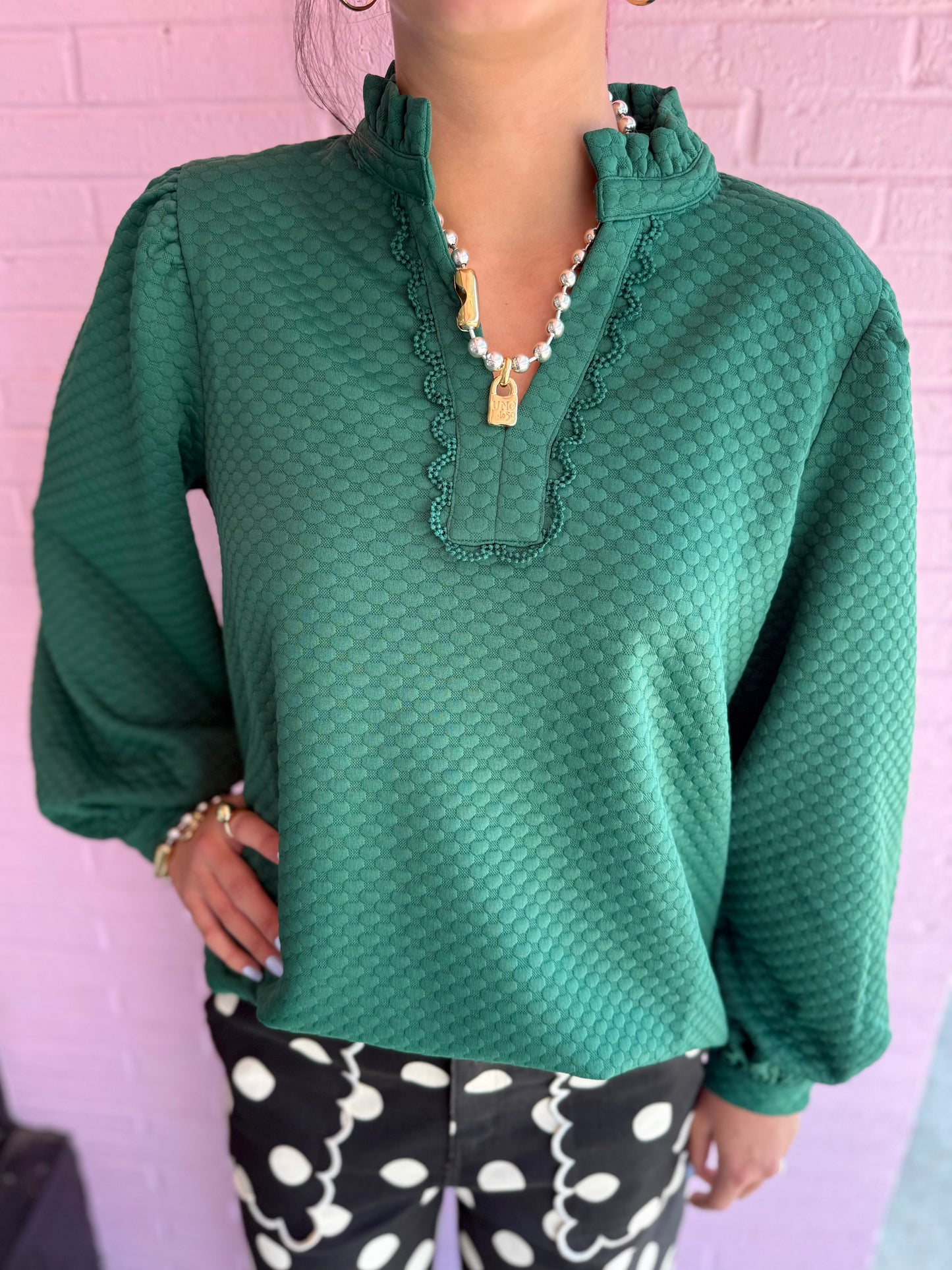 Hunter Green Textured V-neck Pullover with lace trim; available in sizes XS–XXL.