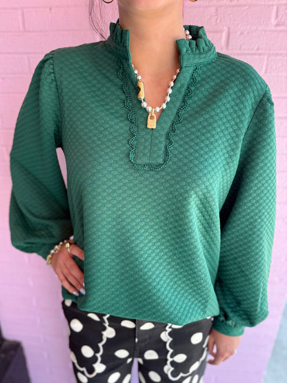 Hunter Green Textured V-neck Pullover with lace trim; available in sizes XS–XXL.